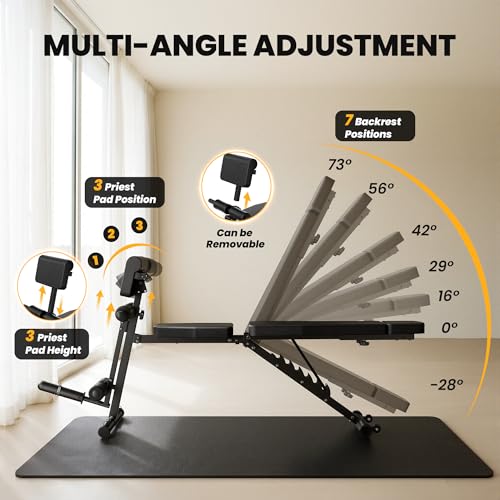 Steelite Adjustable Weight Bench for Home Gym, Foldable Workout Bench with Leg Extension and Leg Curl, 770 LBS Multi-Function Preacher Curl Weight Bench for Full Body Training Fitness, Incline Decline Flat Sit Up Bench Home Gym Equipment with Wheels for B