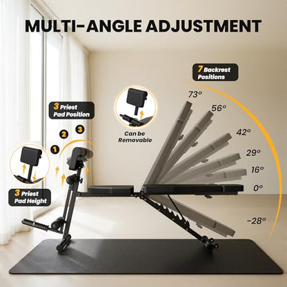 Steelite Adjustable Weight Bench for Home Gym, Foldable Workout Bench with Leg Extension and Leg Curl, 770 LBS Multi-Function Preacher Curl Weight Bench for Full Body Training Fitness, Incline Decline Flat Sit Up Bench Home Gym Equipment with Wheels for B