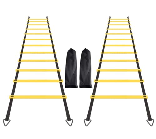 12 Rungs Agility Ladder Set, Training Ladder with Steel Stakes and Carry Bag for Soccer, Speed Fitness Feet Training - color: 2 Pack-Yellow