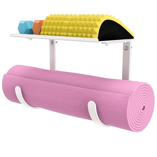 Yoga Mat Holder Wall Mount, No-Tie Mat Storage, Exercise Mat Storage Rack with Top Floating Shelf, Holding Yoga Blocks/Rollers and Pilates Mat, Workout Mat, Home Gym Equipment Accessories - color: 2-Tiers（with Floating Shelf）