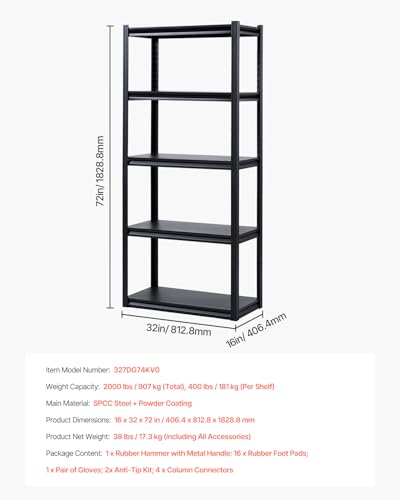 VEVOR Storage Shelves, 2000 lbs, 5 Tier Garage Storage Shelving, 16" D x 32" W x 72" H Adjustable Metal Shelves for Garage Shelves Utility Rack Shelf, Ideal for Kitchen, Warehouse, Basement, Black - size: 16" D x 32" W x 72" H