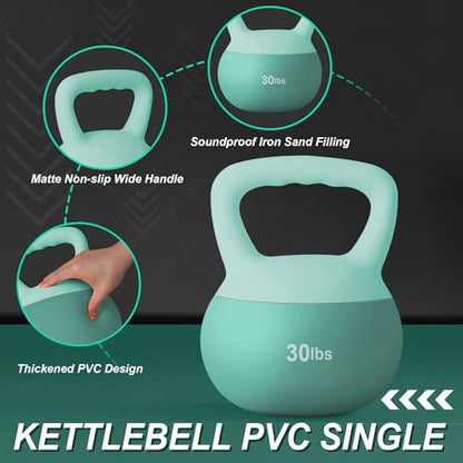SogesPower Soft Kettlebells, Iron Sand Filled Strength Training Weights, Shock-Proof with Wide-Grip Handle, Fitness Kettlebells for Home Gym - color: 30LBS-Mint Green