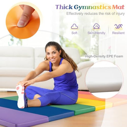 Goplus Gymnastics Mat, 6'x4' 3-Panel/6.6'x2.5' 5-Panel Folding Tumbling Mat w/Carrying Handles, Hook&Loop Fastener, Portable PU Leather Rainbow Exercise Mat for Home Gym Aerobics Yoga - color: 3-Panel,6 Color - Rainbow