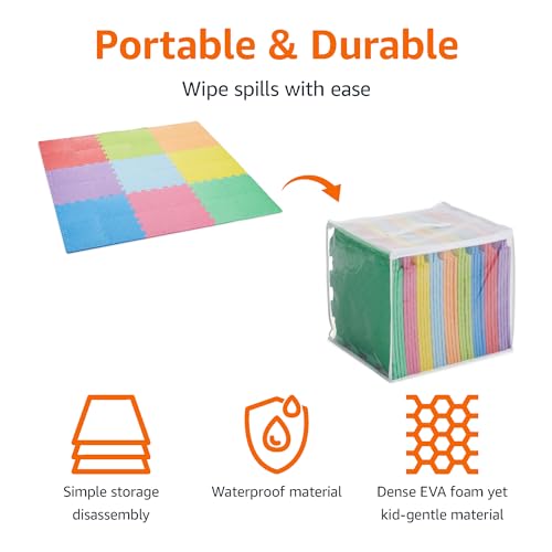 Amazon Basics Kids Interlocking Puzzle Exercise Play Mat, EVA Foam Floor Tiles, 36-Pack with 54 Borders, 12" x 12", Colorful, Soft