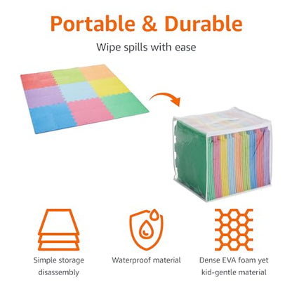 Amazon Basics Kids Interlocking Puzzle Exercise Play Mat, EVA Foam Floor Tiles, 36-Pack with 54 Borders, 12" x 12", Colorful, Soft