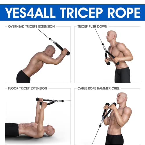 Yes4All Deluxe Tricep Rope Cable Attachment, 27 & 36 inch with 4 Colors, Exercise Machine Attachments Pulley System Gym Pull Down Rope with Carabiner - color: D. 27" Red Black