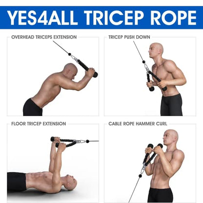 Yes4All Deluxe Tricep Rope Cable Attachment, 27 & 36 inch with 4 Colors, Exercise Machine Attachments Pulley System Gym Pull Down Rope with Carabiner - color: D. 27" Red Black