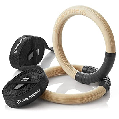 Philosophy Gym Wood Gymnastic Rings 1" or 1.25" Grip with Adjustable Straps and Grip Tape for Pull Ups, Dips, Muscle Ups