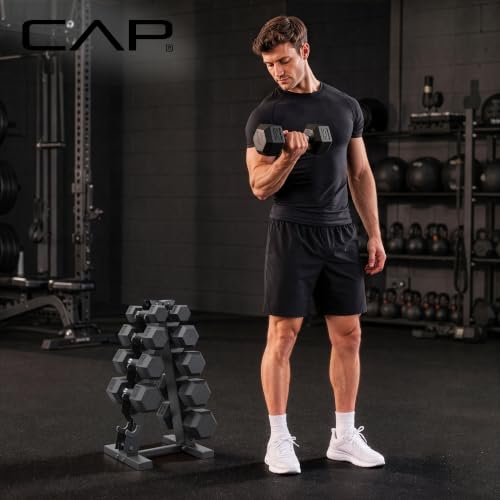 CAP Rubber Coated Dumbbell Weight Set with Vertical Rack | 100 lb, 150 lb, and 210 lb Options - size: 150 lb - Set, style: Comfort Handle