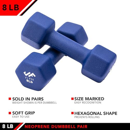 JFIT Dumbbell Pairs or Sets – Neoprene & Vinyl Coated Hand Weights for Home Gym, Strength Training, Aerobics, Cardio Exercise and Fitness - size: 8 lbs (Pair), style: Dumbbell Pair