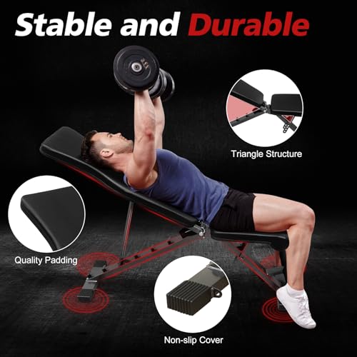 Weight Bench Press, Adjustable Workout Benches for Dumbbell Exercise, 600LBS Foldable Strength Training Benches for Full Body Workout, Multi-Purpose Incline Decline Workout Bench for Home Gym
