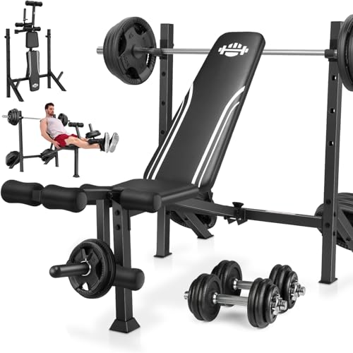 ANCHEER Weight Bench, 3 Sec Foldable Workout Bench with Squat Rack Leg Extension & Leg Curl, 900LBS Adjustable Bench Press for Home Gym, Standard Strength Training Bench - color: Arctic White