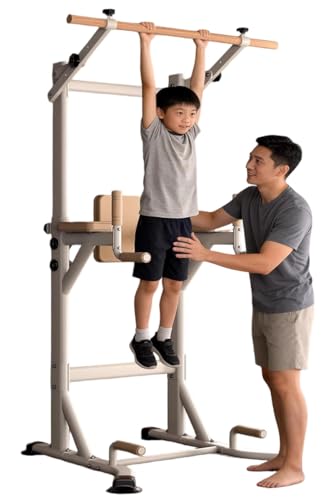 Pull Up Dip Station with Wooden Grip,Calisthenics Equipment Station for Home Gym,Multi-Function Adjustable Height Strength Training Workout Equipment,with Push-Up Support - color: White