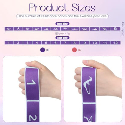 4 Pcs 12 Loops Stretch Bands for Yoga, Pilates, Physical Therapy - Elastic Strap for Flexibility, Leg Exercise, Dance Fitness Equipment (2 Purple, 2 Pink)