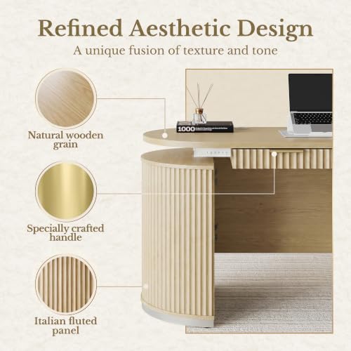 Electric Standing Desk with Storage Drawers, 63'' Executive Height Adjustable Desk with Privacy Panel and Shelves, Wood Fluted Computer Desk for Home Office, Light Walnut