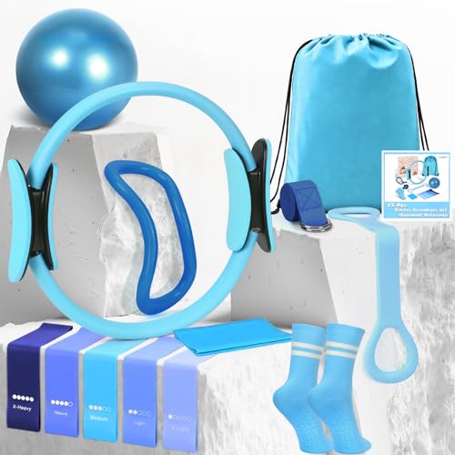 Pilates Kit for Women 13PCS, Pilates Ring and Ball Set with Magic Circle, Resistance Bands Set, Figure 8 Band, Yoga Ring & Grip Socks, Home Workout Equipment Essentials Starter Kit for Beginners - color: Blue