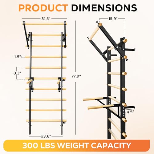 Swedish Ladder, Wood Stall Bar, Swedish ladders Wall Gym Adult, Adjustable Pull Up and Dip Station for Adults and Kids, 9-Anchor Solid Pine, Home Fitness