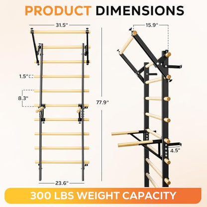 Swedish Ladder, Wood Stall Bar, Swedish ladders Wall Gym Adult, Adjustable Pull Up and Dip Station for Adults and Kids, 9-Anchor Solid Pine, Home Fitness