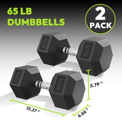 HANDBODE Hex Dumbbell 30-570 lb Dumbbell set, Rubber Encased Exercise & Fitness Dumbbells, Hand Weight for Strength Training - size: 65 lb, Pair, style: Chrome Handle