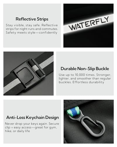 WATERFLY Running Belt Fanny Pack: Slim Breathable 4 Pocket Waist Bag for Men Women Sport Workout Exercise Fitness Phone Holder - Runner Marathon Jogging Waistband Fits ALL Phones Black