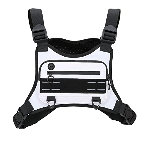 Muserise Sports Chest Bag For Men Women, Water Resistant Lightweight Front Chest Pack, Running Vest Bag With Built-In Phone Holder & Extra Storage For Workouts, Running, Cycling (White)