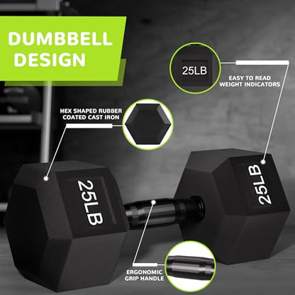 Fitvids Rubber Encased Exercise & Fitness Hex Dumbbell, Hand Weights with Anti-Slip Metal Handle for Home Gym, Multiple Sizes - style: 25LB Single
