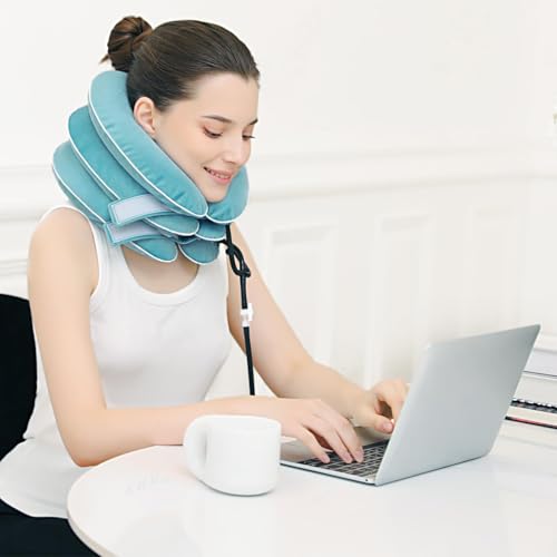 S Cervical Neck Traction Device for Neck Pain Relief - Inflatable Neck Stretcher Traction Collar for Neck Decompression - Best Home Use Neck Brace Pump (Blue Plush) - color: P. Blue