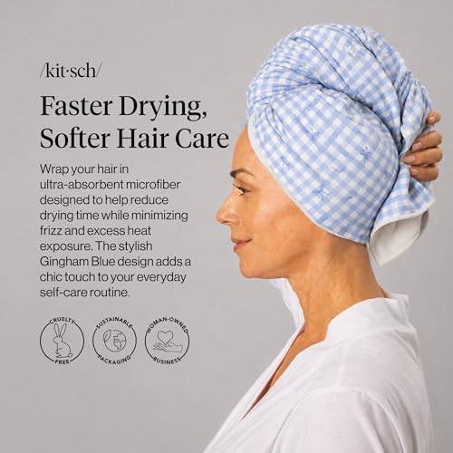 Kitsch XL Microfiber Hair Towel Wrap for Women - color: Gingham Blue