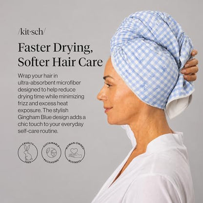 Kitsch XL Microfiber Hair Towel Wrap for Women - color: Gingham Blue