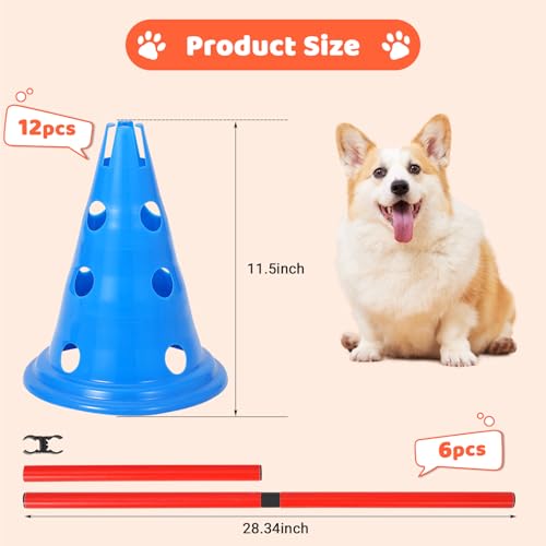 Dog Agile Hurdle Cone Set, Dog Agile Course Backyard Set with 12 Cones & 6 Rods,Training Equipment Height Adjustable Obstacle with Storage Bag