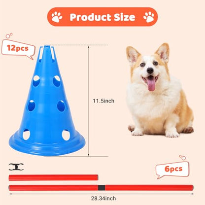 Dog Agile Hurdle Cone Set, Dog Agile Course Backyard Set with 12 Cones & 6 Rods,Training Equipment Height Adjustable Obstacle with Storage Bag
