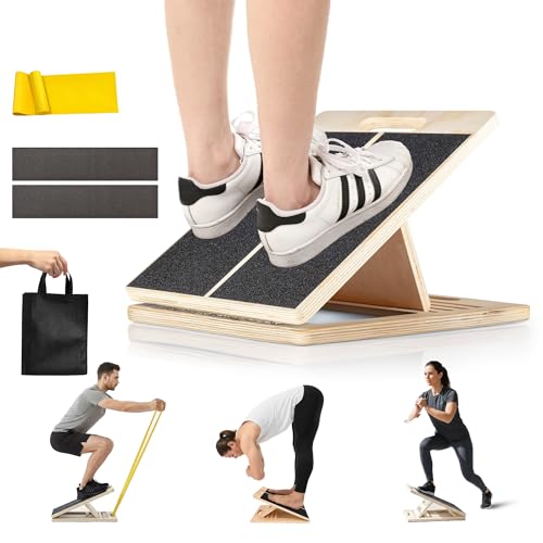 Portable Wooden Slant Board for Calf Stretching, 300Lbs Slant Board for Calf Stretching with Loop Band & 2 Sand Papers, Adjustable Wooden Incline Board, Squats Calf Stretcher for Knees Heel Feet Leg