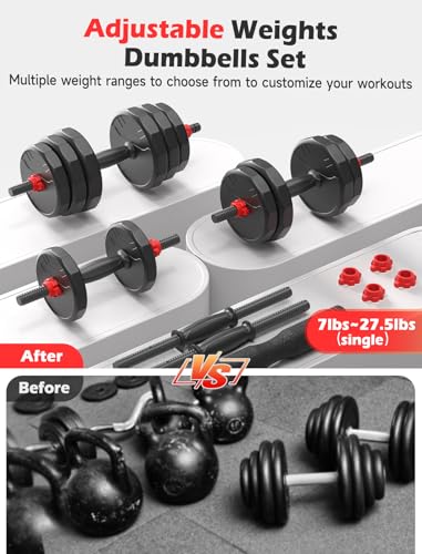 UKEEP Adjustable Dumbbells, 20/30/40/55/60/70/80/90lbs Free Weights Dumbbells Convertible 2 or 3 in 1 Set Used as Barbell, Kettlebells, A Pair of Lightweight for Home Gym - style: 3 IN 1 55LB (27.5LB Pair)