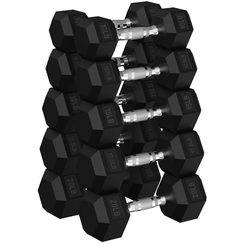 HANDBODE Rubber Coated Hex Dumbbell Set, 90-640 lb - size: 150 lb set (pair of 10, 12.5, 15, 17.5, 20)