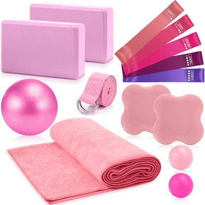 14 Pcs Yoga Kits for Home Workouts Pilates Equipment Set for Women Beginners, Hot Yoga Towel Blocks Strap, Knee Pad, Resistance Loop Exercise Band, Massage Lacrosse Ball, Pilates Ball