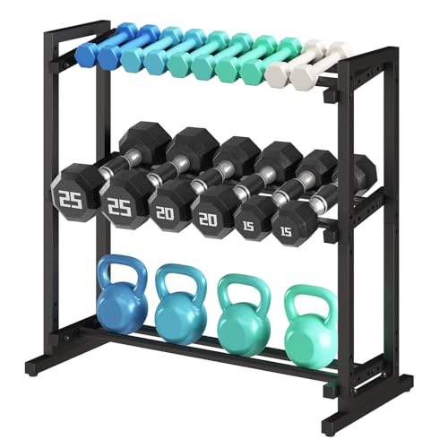 3 Tier Adjustable Dumbbell Rack, 33.6-Inch Weight Rack for Home Gym, Extended Base kettlebell holder for Home Gym, Space-Saving Dumbbell Stand - 900LBS Capacity (Rack Only)