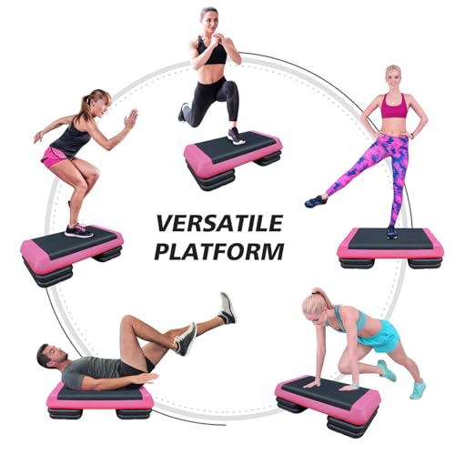 Adjustable Aerobic Step Platform Trainer, Pink and Black, 30x13.8 Inch, with 4 Risers, Non-Skid Rubber Feet - color: Pink and Black