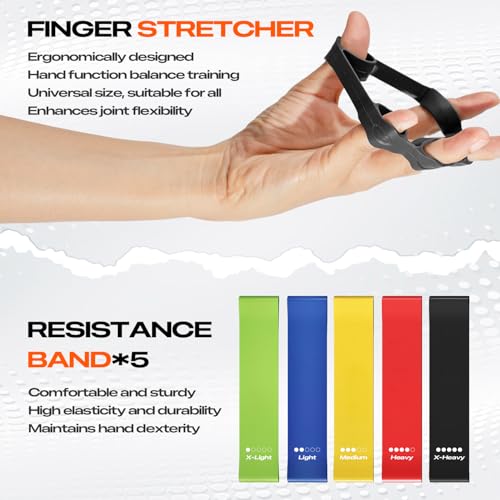Grip Strength Trainer Kit (10-Pack): Adjustable Hand Gripper & Forearm Strengthener with Finger Stretcher, Ring, Stress Ball & 5 Bands for Muscle & Recovery.