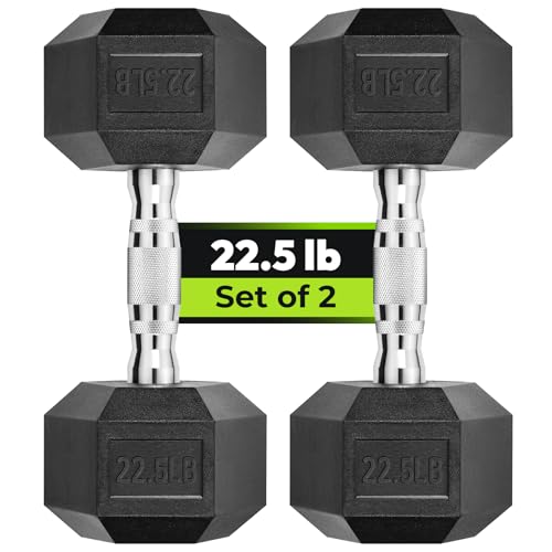 HANDBODE Hex Dumbbell Set, 2.5-65 lb Rubber Encased Exercise & Fitness Dumbbells, Weights Dumbbells Set of 2, Hand Weight for Strength Training - size: 22.5 lb, Pair, style: Chrome Handle