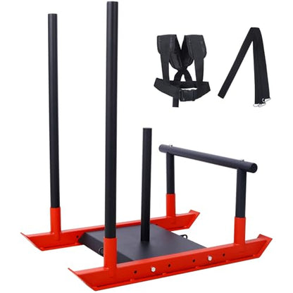 Weight Training Pull Sled, Heavy Duty Push Pull Fitness Sled for Speed and Strength Training, Steel Power Sled Workout Equipment for Athletic Conditioning, Fits 2" Weight Plates,Red