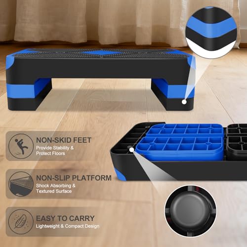 27" Exercise Workout Aerobic Step Platform Trainer, Adjustable Fitness 4-6-8in Exercise Stepper Workout with 4 Risers, Aerobics Stepper Workout Stepper for Home Gym Cardio Strength & Training