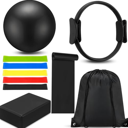10 Pcs Pilates Ring Blocks Set for Women Home Yoga Equipment Accessories Pilates Ring Circle and Ball Workouts Gift Include Ball Yoga Circle Resistance Bands Block Straps Gym Bag - color: Black