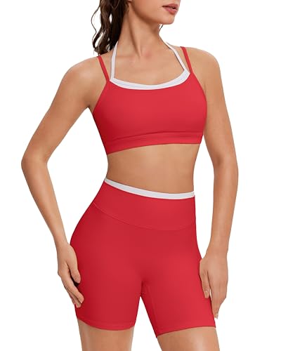 OMKAGI Workout Sets for Women Cute Doubel Layer Open Back Sports Bras Gym Shorts Outfits