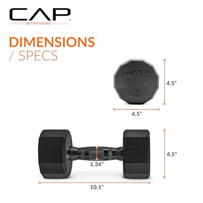 CAP Rubber Coated Dumbbell Weights, Free Weights for Home Gym Strength Training, Anti-Roll Hex Dumbbells with Black, Chrome & Comfort Grip Handles, Pairs & Sets - size: 15 lb - Pair, style: 12-Sided - Black Handle