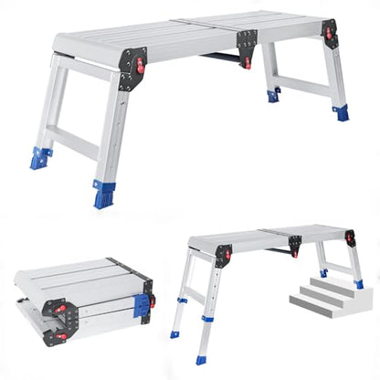 Foldable Aluminum Work Platform, 12.7 lb, Easy-Installation, Capacity of 500 lbs, Non-Slip, Step Stool for Adults with Adjustable Height, Heavy Duty & Portable Step Ladder