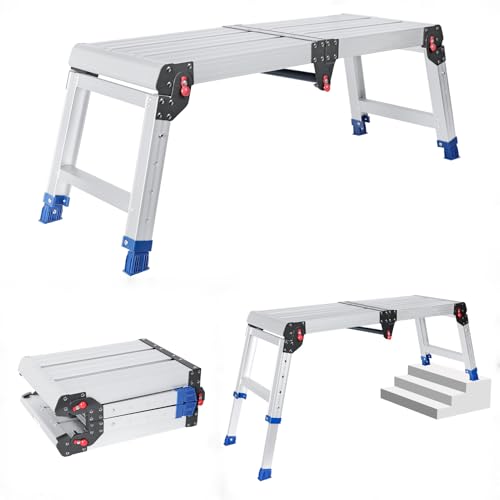 Foldable Aluminum Work Platform, 12.7 lb, Easy-Installation, Capacity of 500 lbs, Non-Slip, Step Stool for Adults with Adjustable Height, Heavy Duty & Portable Step Ladder