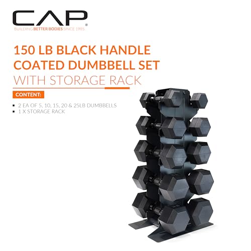 CAP Dumbbell Set with Rack, Rubber Coated Hex Free Weight Set | 100–300 lb Options, Vertical Space-Saving Storage for Home Gym Strength Training - size: 150 lb Set - Black Rack, style: Black Handle