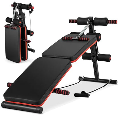 Goplus 7 in 1 Sit up Bench, Foldable Decline Incline Bench w/4 Position Adjustable Height & 2 Elastic Ropes for Strength Training, Curved AB Slant Board Workout Equipment for Home Gym Fitness, 330 LBS