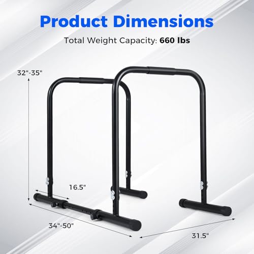 Goplus Adjustable Dip Bar, Heavy Duty Parallette Push Up Stand with 660 LBS Capacity, Anti-Slip Foam Grips, Portable Fitness Workout Dip Station for Home Gym, Calisthenics