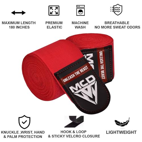 MCD Boxing Wraps for Men & Women 4.5m/180” Boxing Hand Wraps for Bᴏxing Gloves with Thumb Loop Muay Thai Hand Wrаps Semi-Elastic Wrist Wrаps Bᴏxing Wrap for MMA, Muay Thai & Martial Arts Training - color: Red